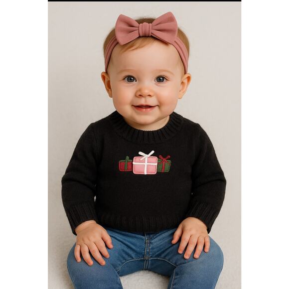 Baby Christmas Sweater 12M Black Knit Pullover Holiday Presents Embroidered - Picture 1 of 10